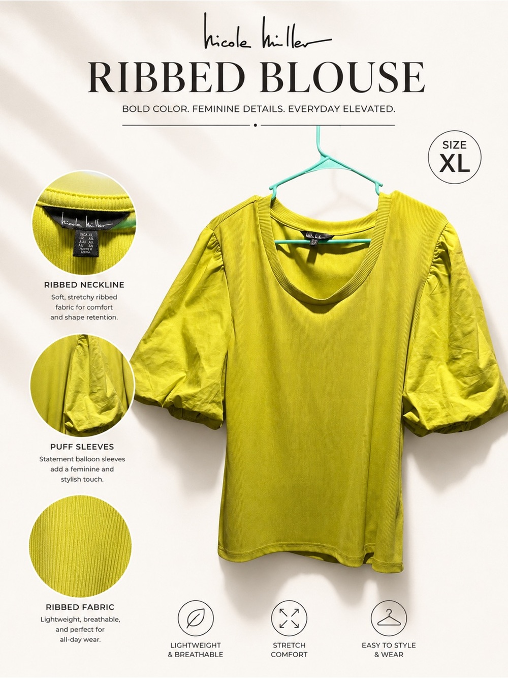 Nicole Miller XL Lime Green Ribbed Puff Sleeve Top Statement Sleeve Blouse